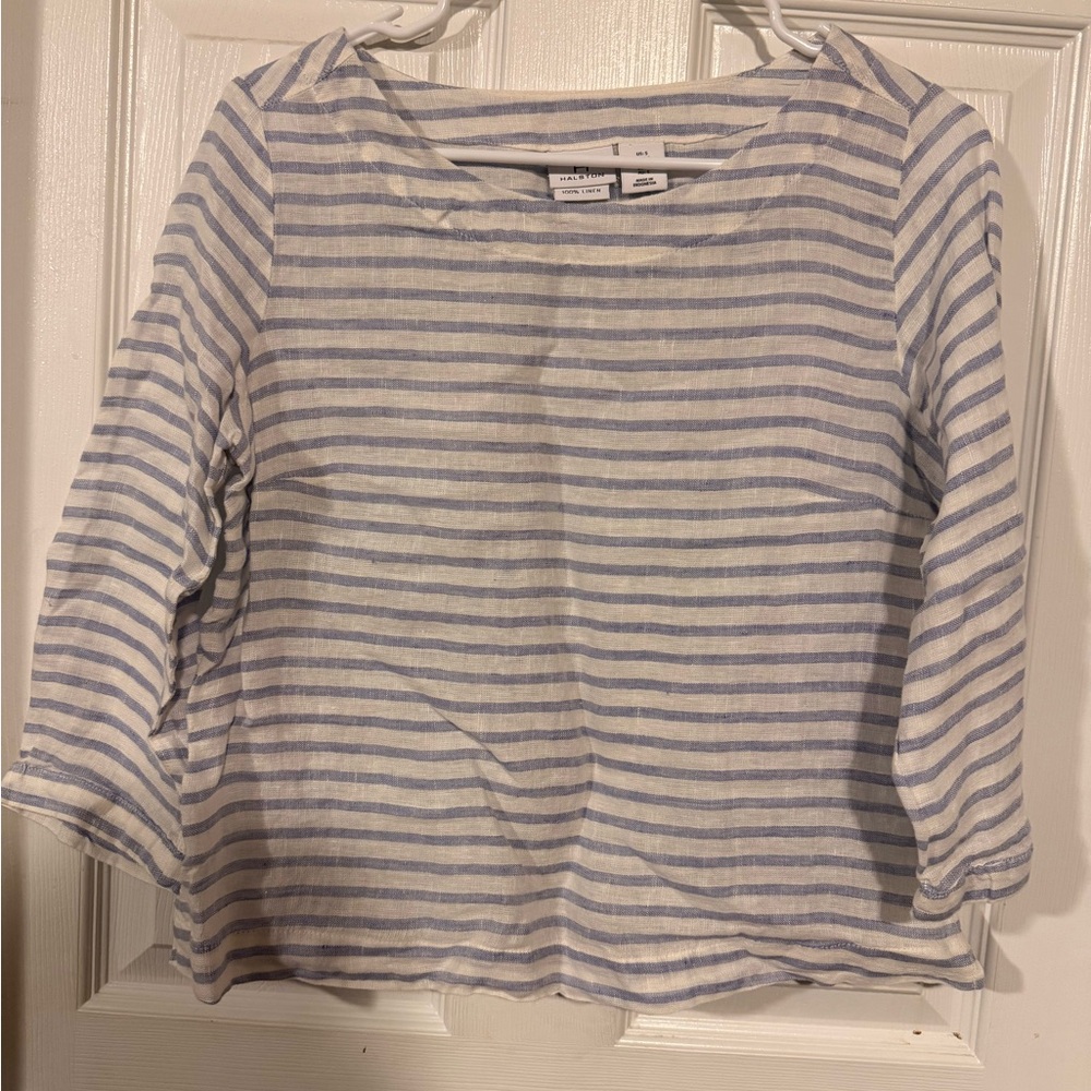 Halston Heritage Blue and White Striped Long Sleeve Top